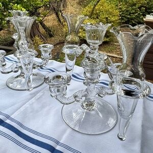 2 Cambridge Arms (?) Glass Candelabras with 8 inch Bud Vase Epergnes